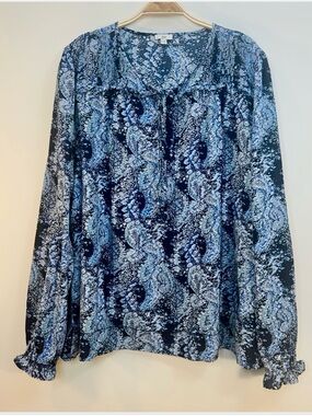 EUC Joie Womens Blue Parisian Paisley Long Sleeve Peasant Tie Neck Blouse Sz XXL